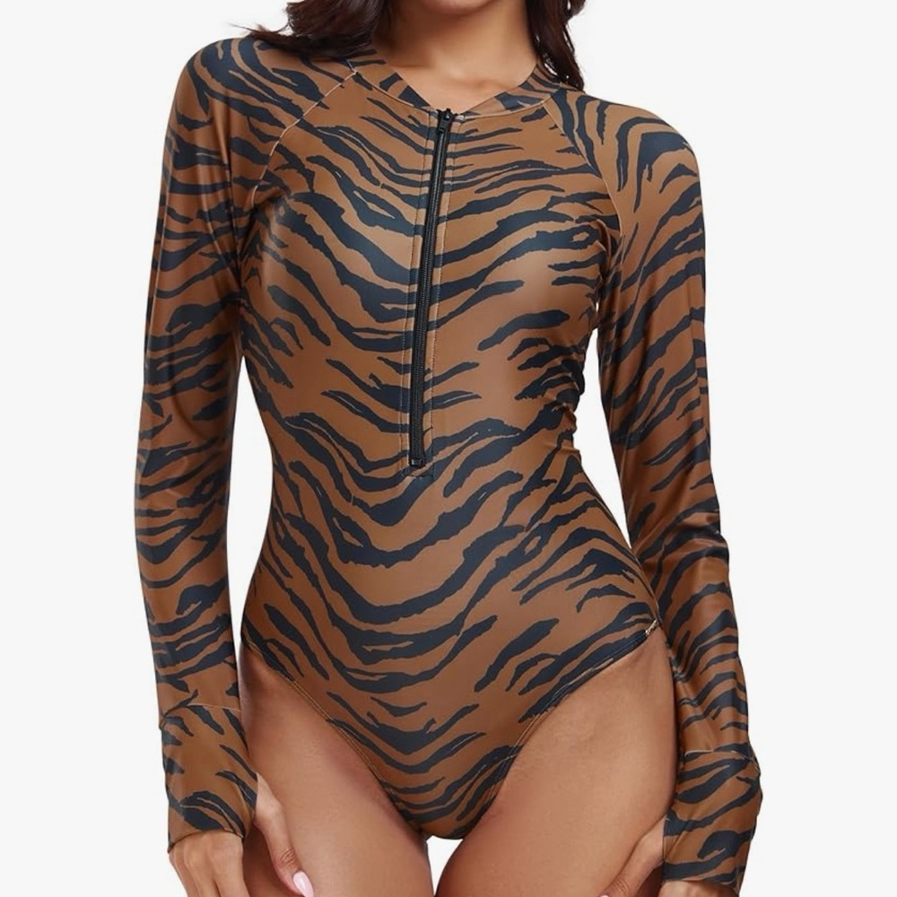 RELLECIGA Brown and Black Tiger-Stripe Long-Sleeve Zip One-Piece Swimsuit